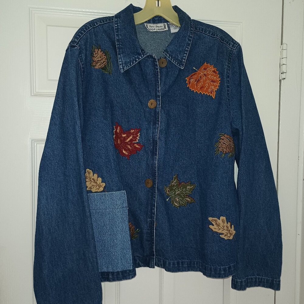 Sara Studio Jeans Jacket Embroidered Leaf Pattern XL